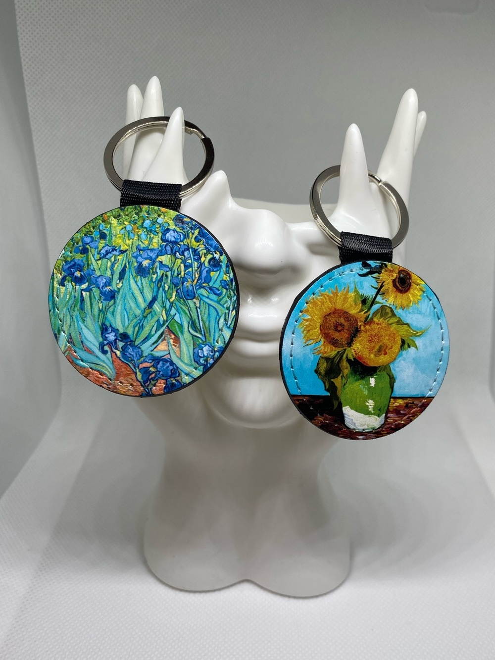Van Gogh-like Floral Art Keychain Set — Blue Irises & Yellow Sunflowers